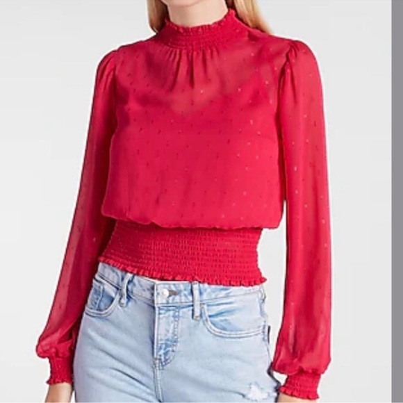 Express Red Metallic Print Smocked Waist Top Sz S - Picture 1 of 9